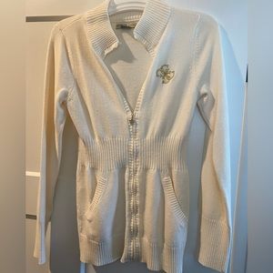 Guess Jeans cream cardigan with gold logo stitching. Has pockets!